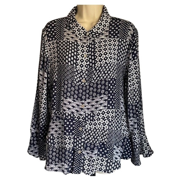 Habitat Tops - Habitat‎ Patchwork Blouse Size L Blue White Button Front Relaxed Artsy